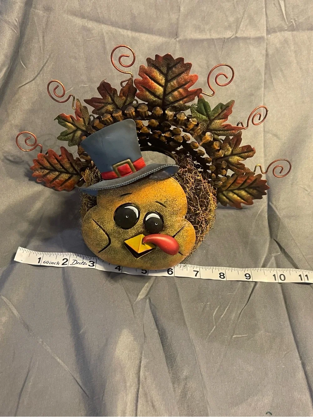 Festive Yellow Turkey Face Accent with Blue Hat and Autumn Leaves